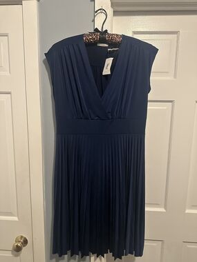 Maitai Navy V-Neck Pleated Midi Dress NWT
